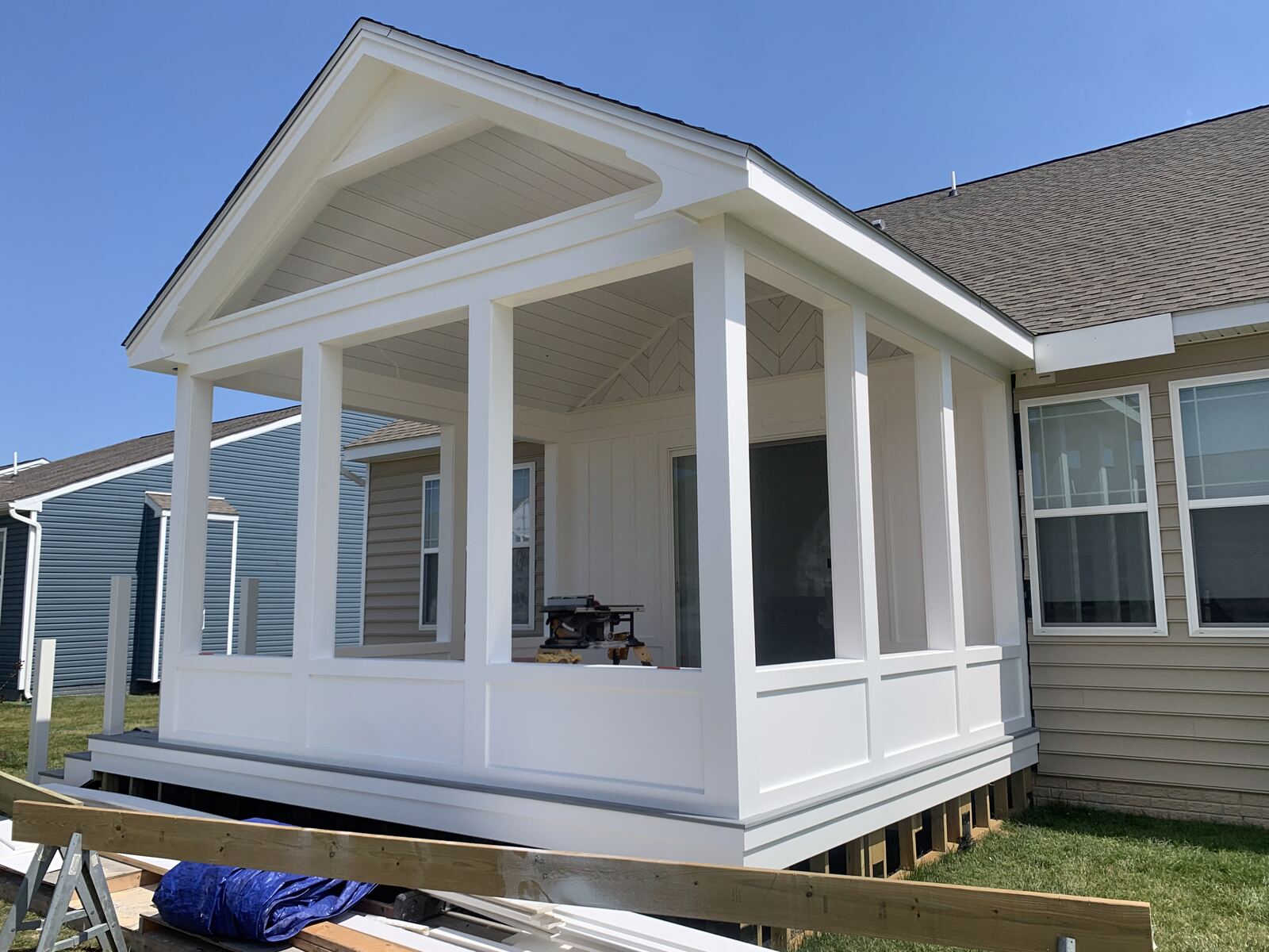 Porch column framing in progress on a home in Lewes, DE